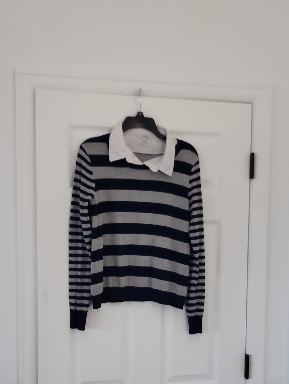 Indigo Striped Crewneck Sweater with White Collar